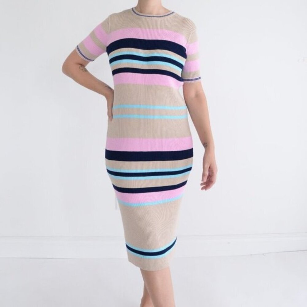 All Row Beige with Navy  & Pink Stripe Bodycon Midi Short Sleeve Dress Medium